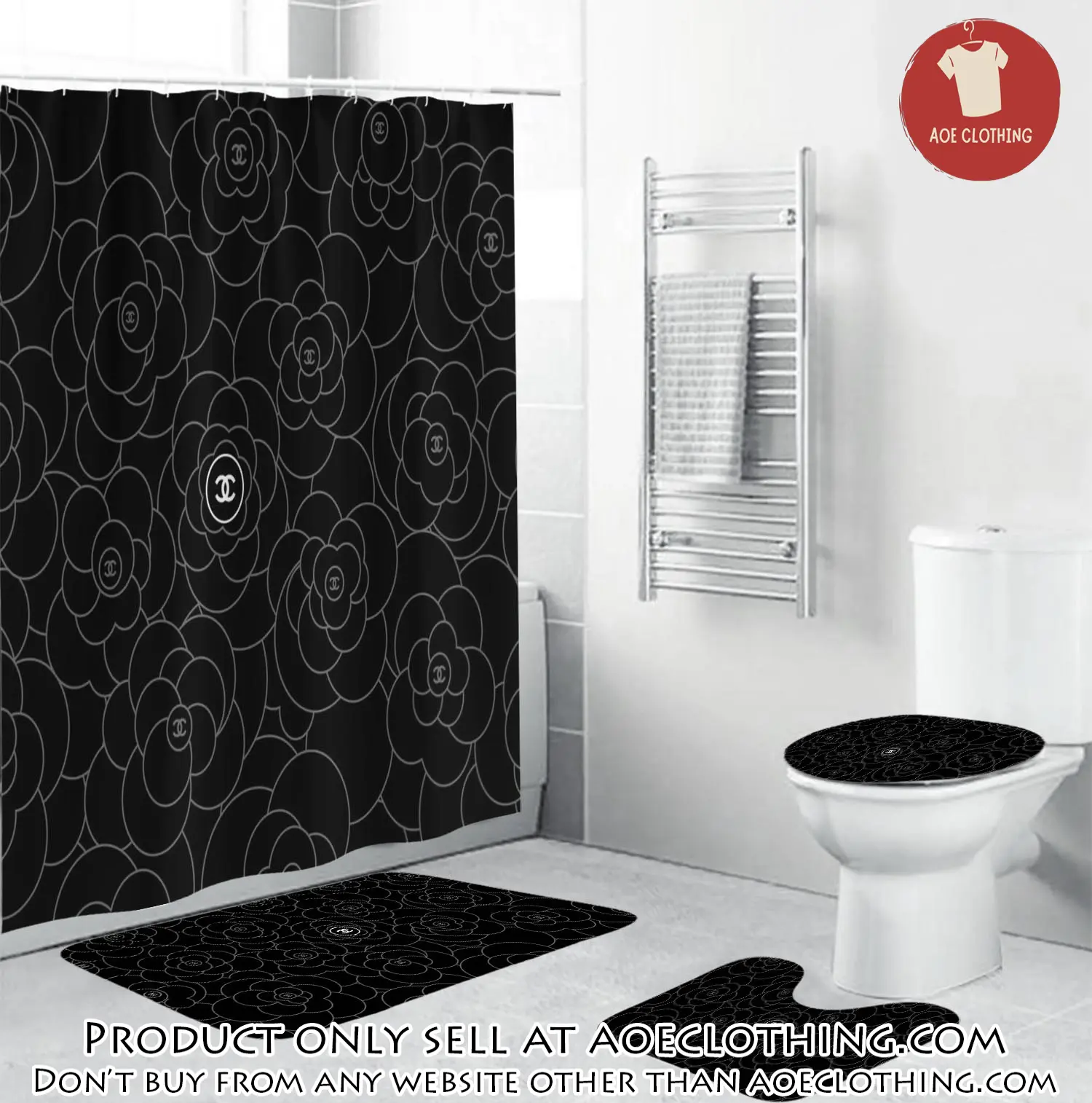 Chanel white signature flower in black background bathroom set accessories aoe0655208